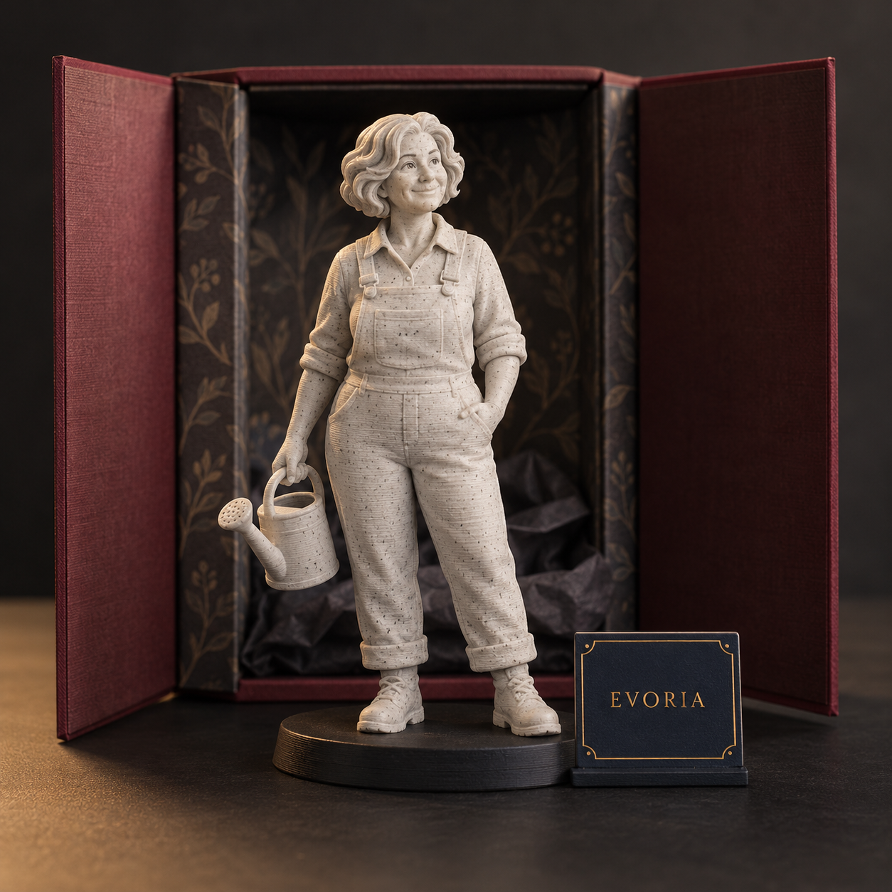 Recreación de una figura ficticia de una mujer con regadera, acabado blanco moteado y caja de presentación.