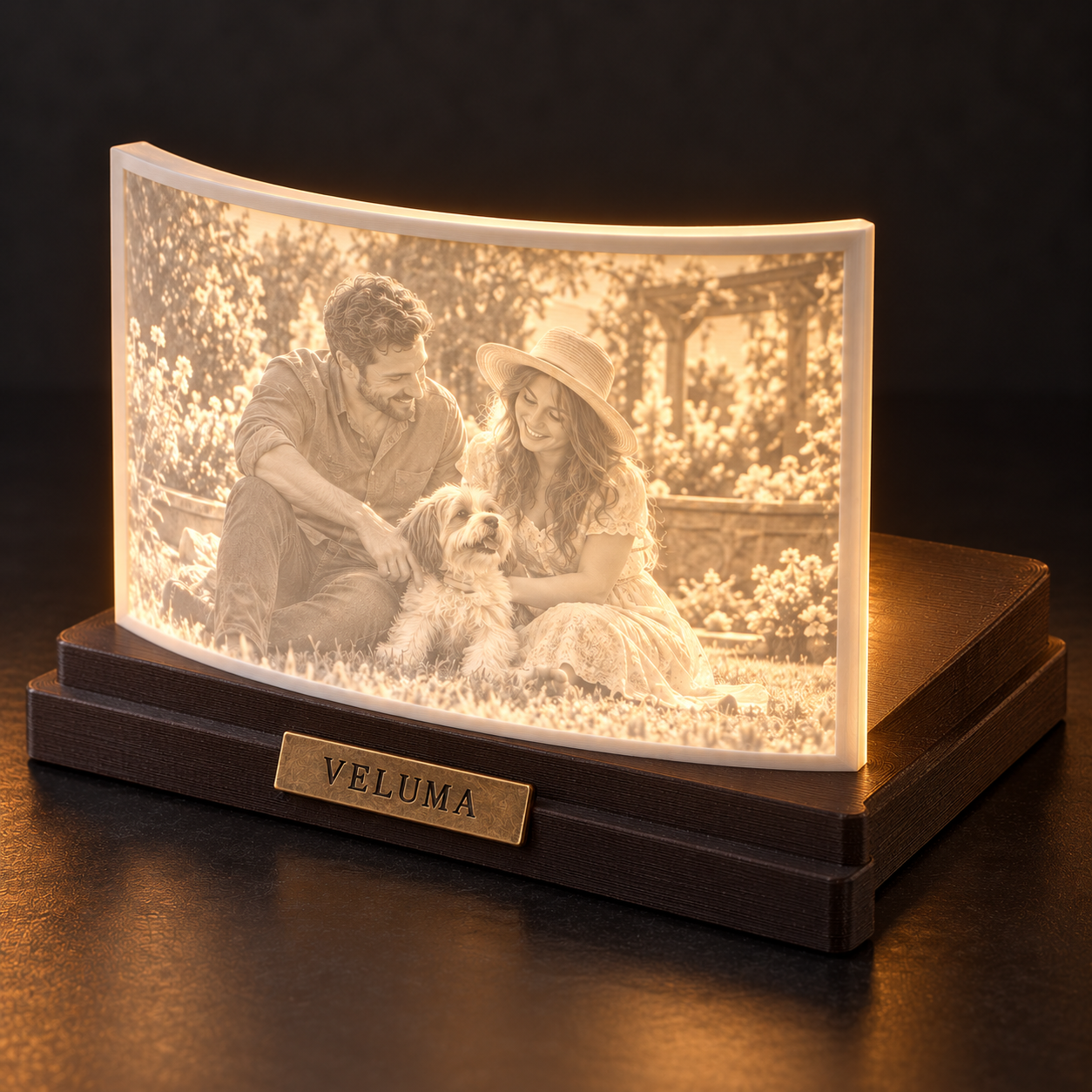 Recreación de una litofanía curva iluminada con una pareja ficticia y un perro, sobre una base rectangular escalonada.